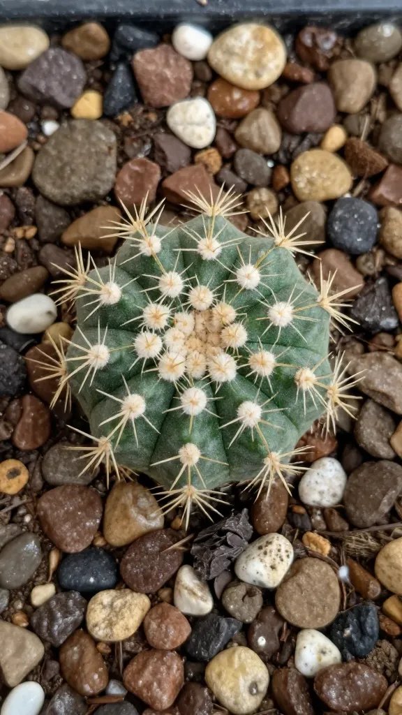 top-down of lone etiolated cactus pup in pebble substrate
