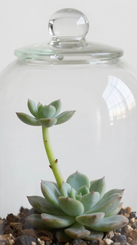 closeup of succulent stem bending under closed terrarium lid
