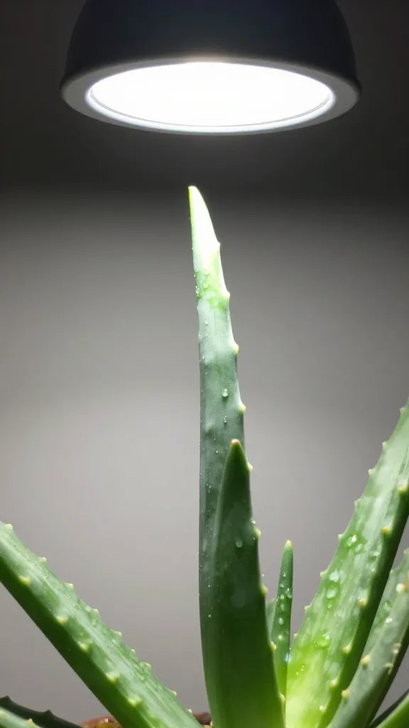 single grow light reflected on terrarium glass over aloe tip