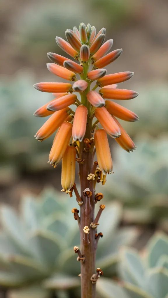 closeup of sunstarved echeveria with elongated flower stalk