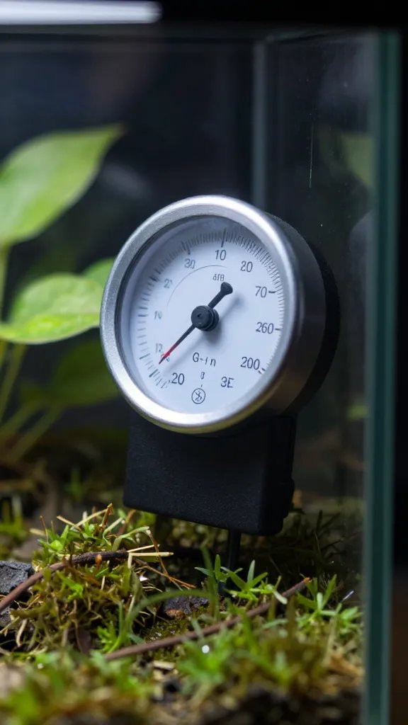 closeup hygrometer inside closed glass terrarium