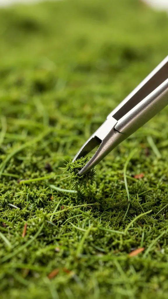 tweezers lifting sphagnum strand from substrate, macro