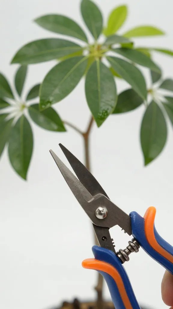bonsai scissors trimming fittonia stem, closeup
