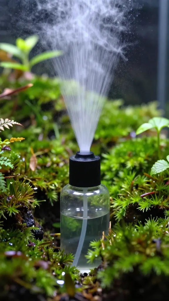 pinpoint spray bottle misting terrarium moss, closeup