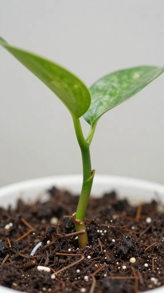 single rooted pothos cutting held above substrate, macro