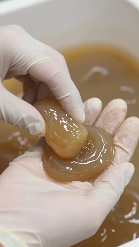 gloved hand scooping anaerobic substrate pocket, closeup