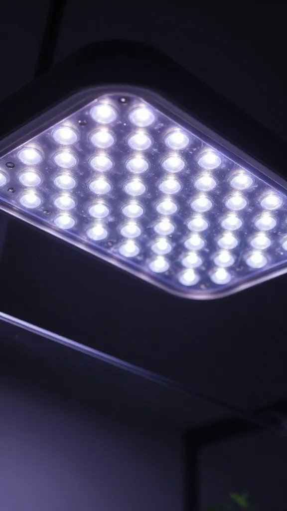 LED grow light panel above terrarium lid, closeup