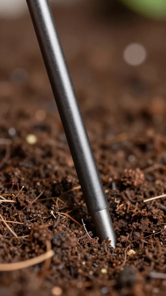 moisture meter probe inserted in terrarium soil, macro
