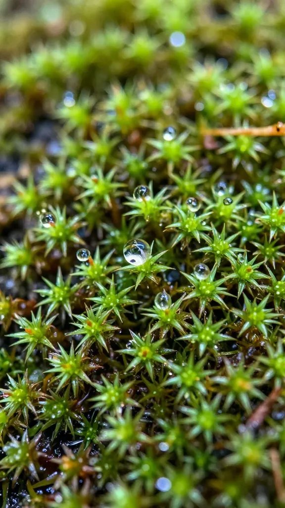 macro shot of dewy sphagnum moss in terrarium