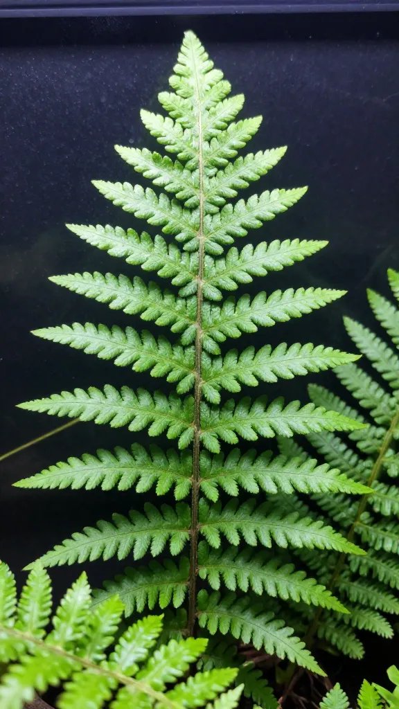 macro healthy fern frond inside closed terrarium