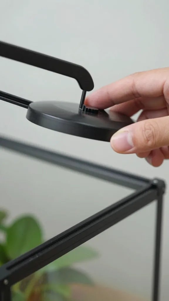 closeup hand lifting terrarium lid slightly for airing