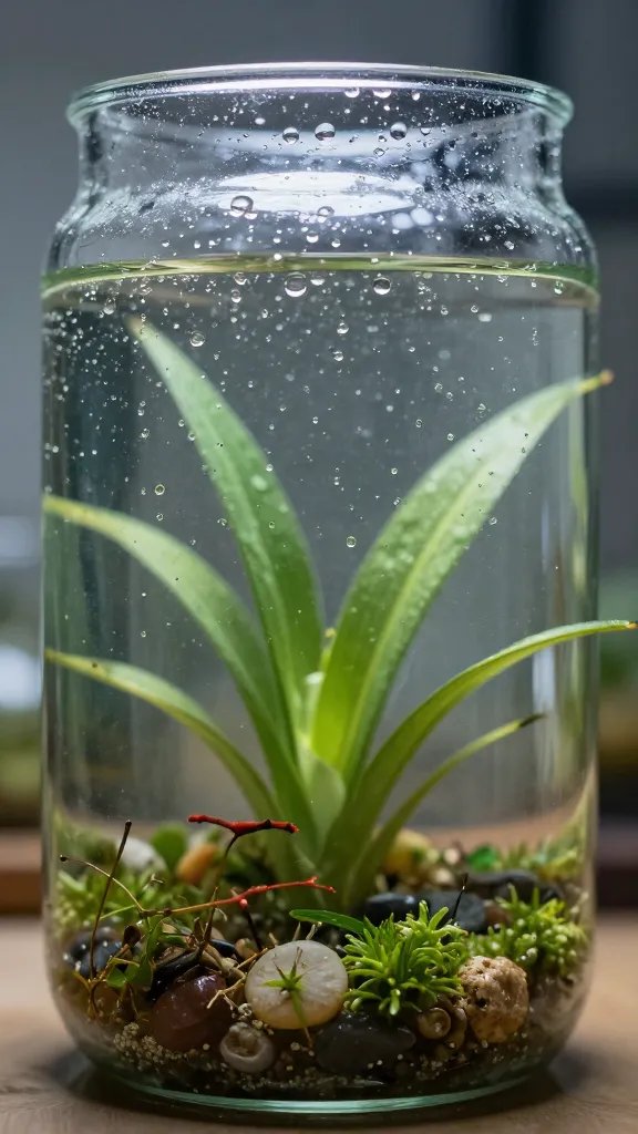 closed glass terrarium with visible condensation droplets, closeup