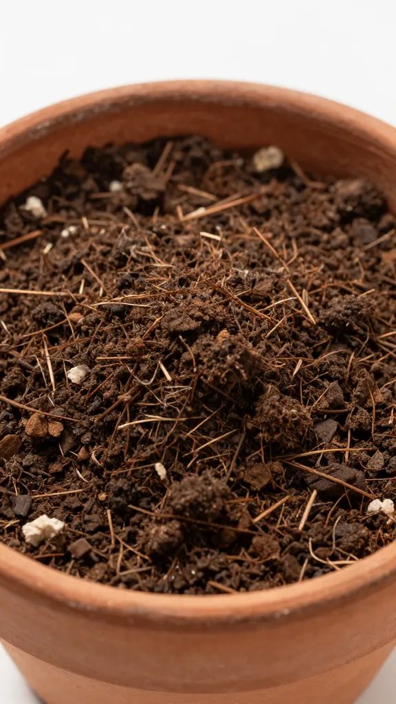 open terrarium bowl with dry topsoil, macro shot