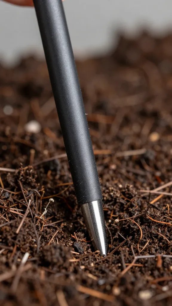 moisture meter inserted in terrarium soil, closeup