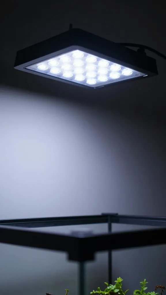 single LED grow light above terrarium rim, focused shot