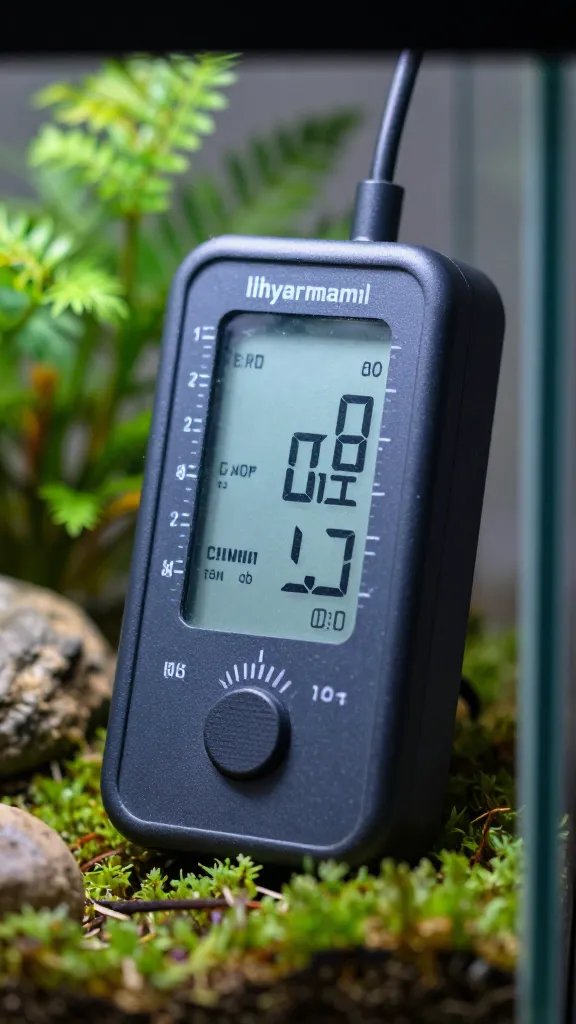 hygrometer reading inside closed terrarium, closeup