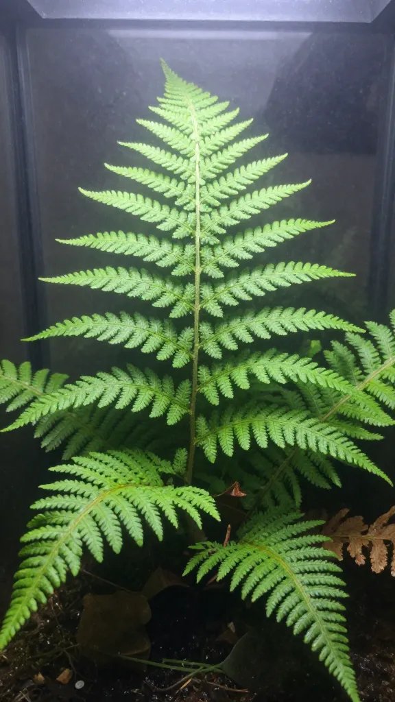 fern frond inside misty closed terrarium, macro