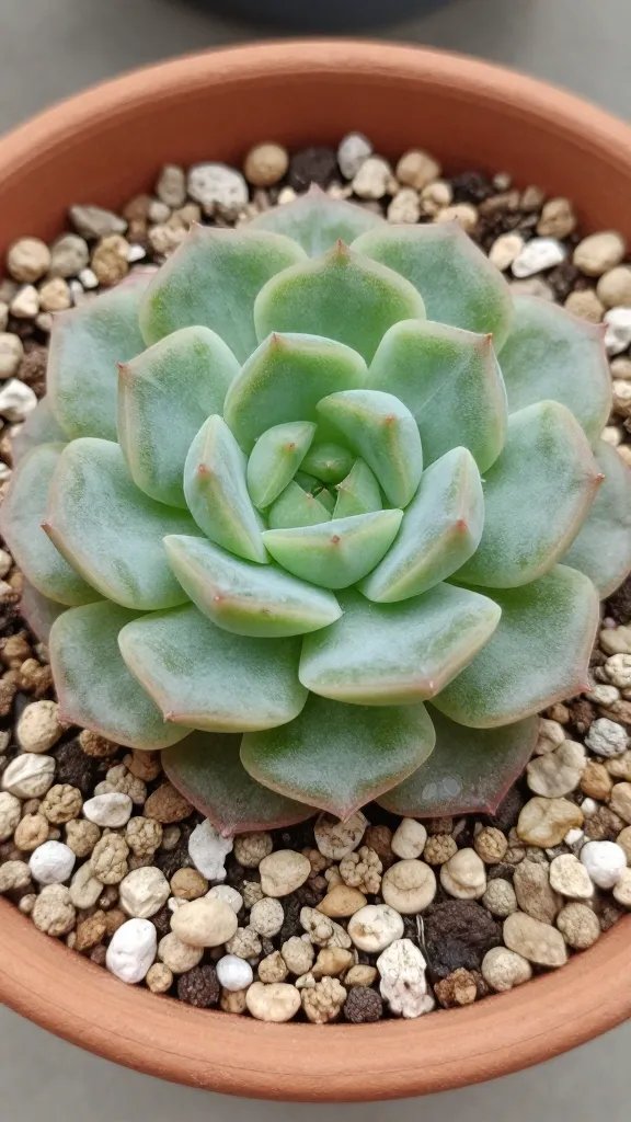 succulent rosette in open terrarium gravel, closeup