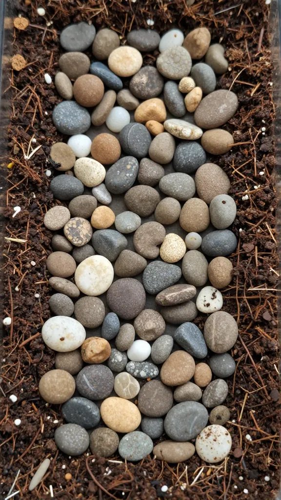 drainage layer pebbles under terrarium soil, macro cutaway look