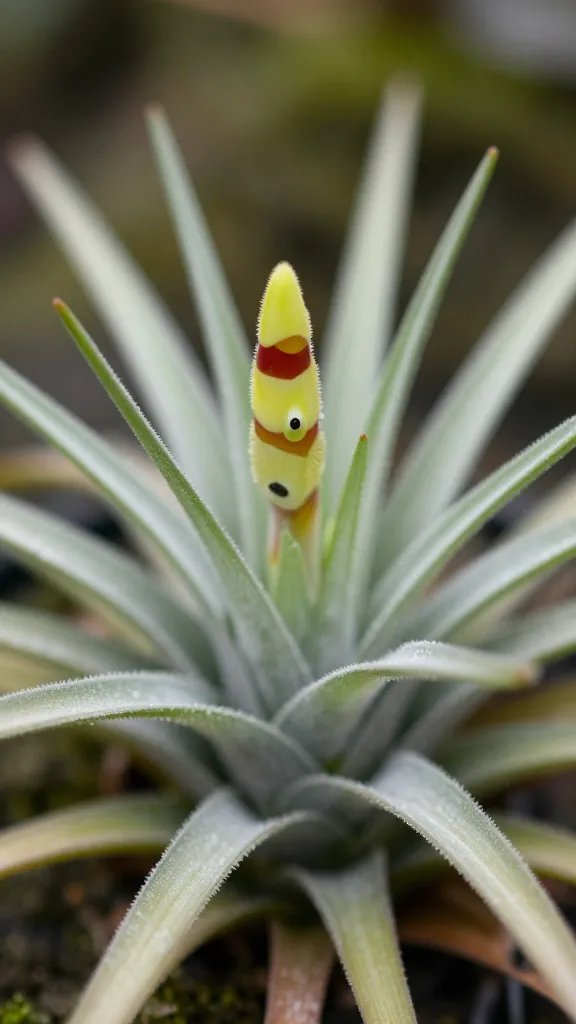 macro of single Tillandsia pup emerging from mother base
