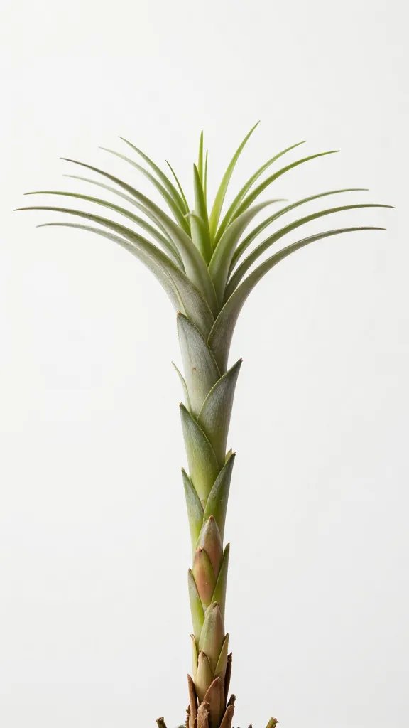 single Tillandsia offset at one-third mother size, side view