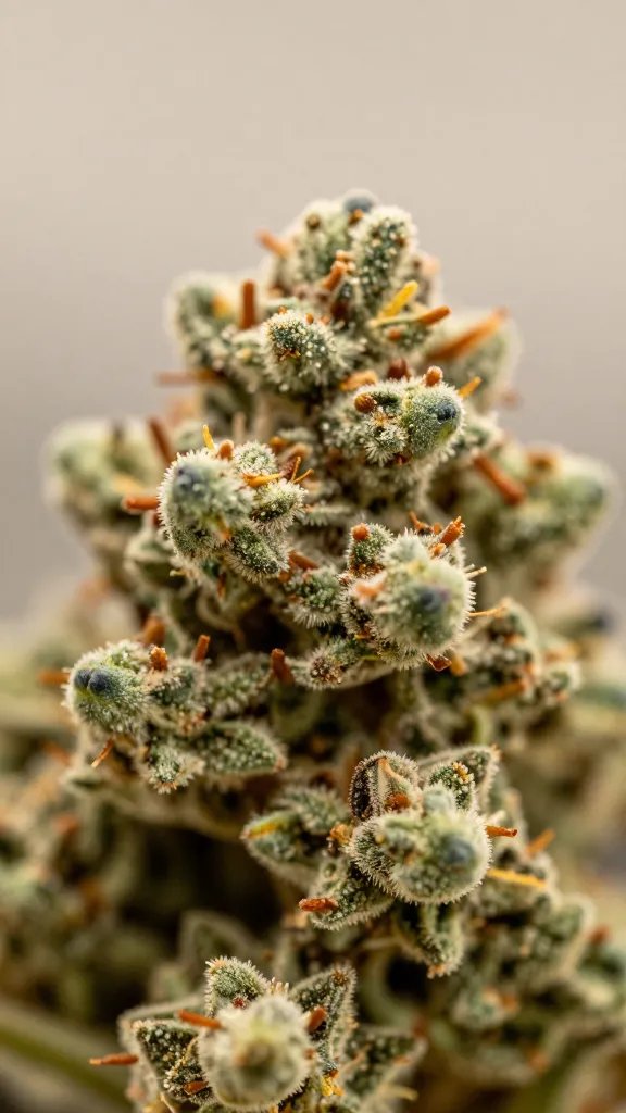 macro of single pup with visible trichomes, on neutral backdrop