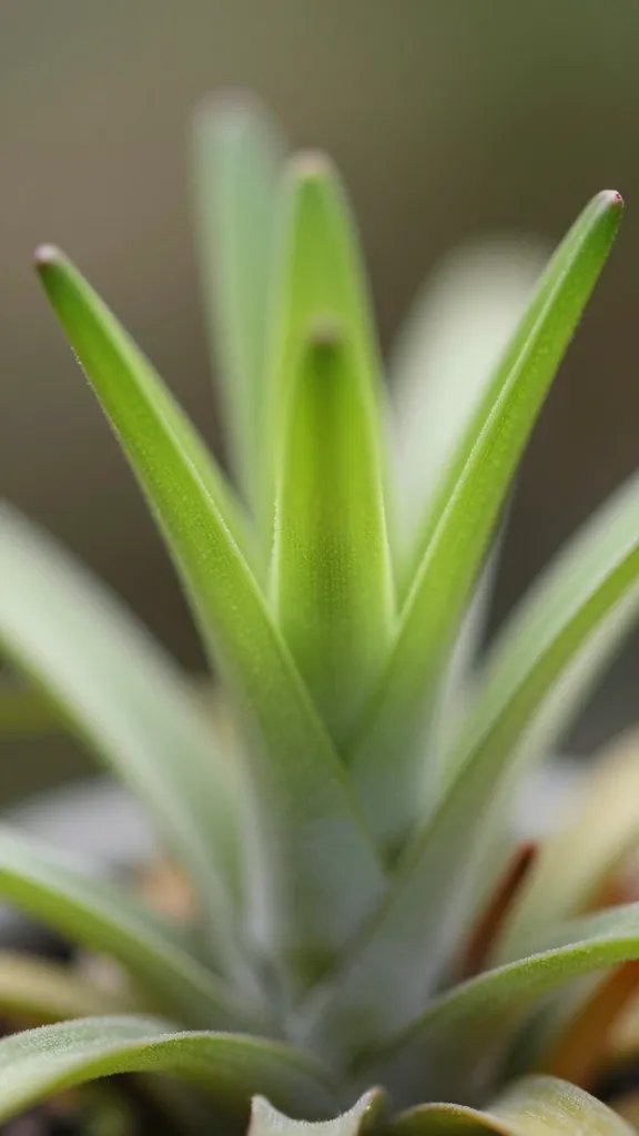macro of single hydrated Tillandsia pup with fresh green tips