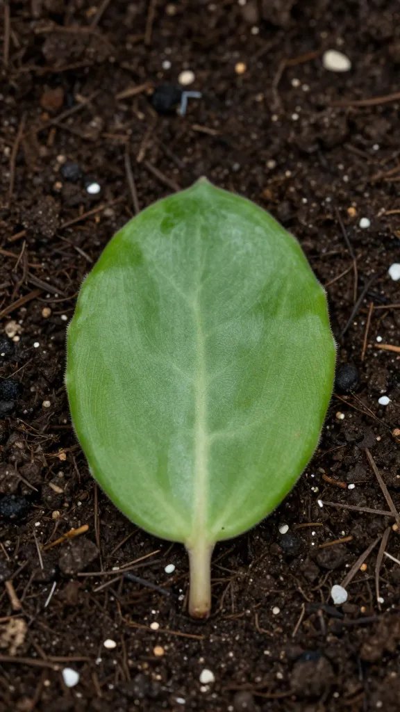 single fallen plump succulent leaf on terrarium soil