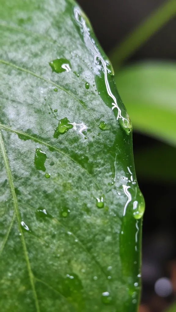 macro of slick wet terrarium glass touching leaf edge