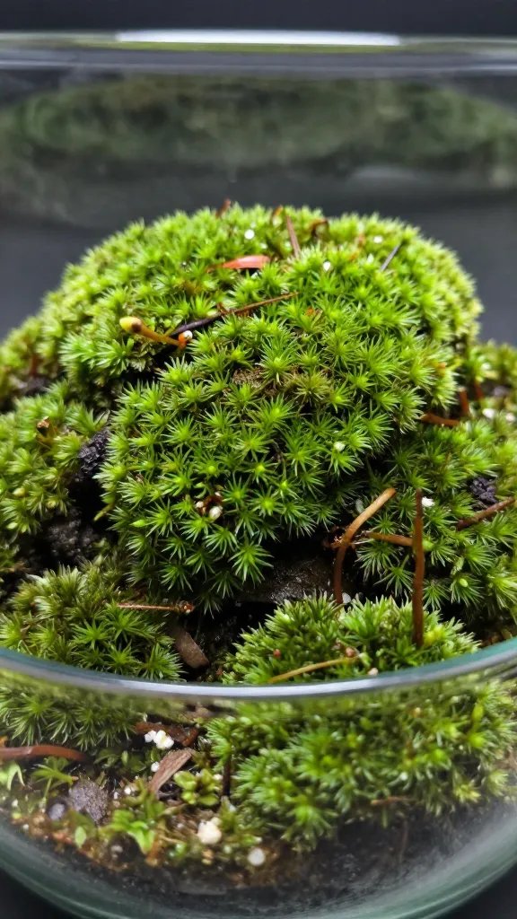 closeup pincushion moss clump in glass terrarium