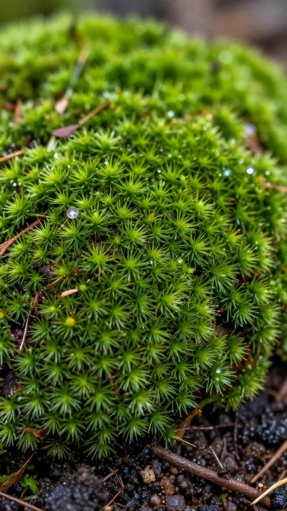 macro shot of live pillow moss cushion on soil