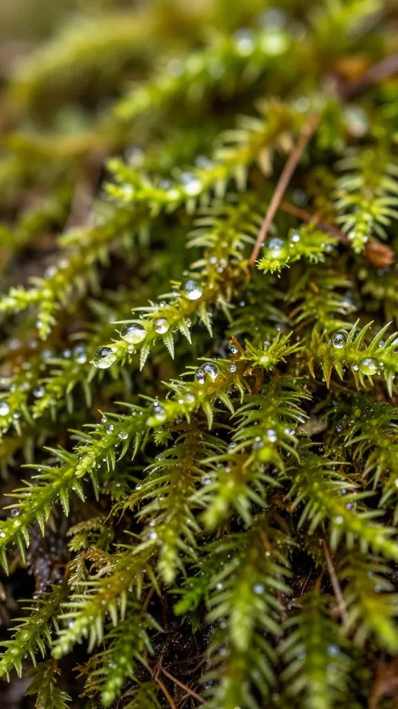 closeup hypnum sheet moss fronds with dew droplets