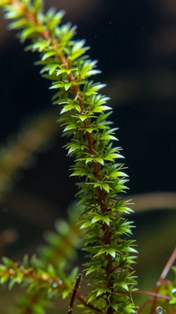 single taxiphyllum java moss strand underwater macro