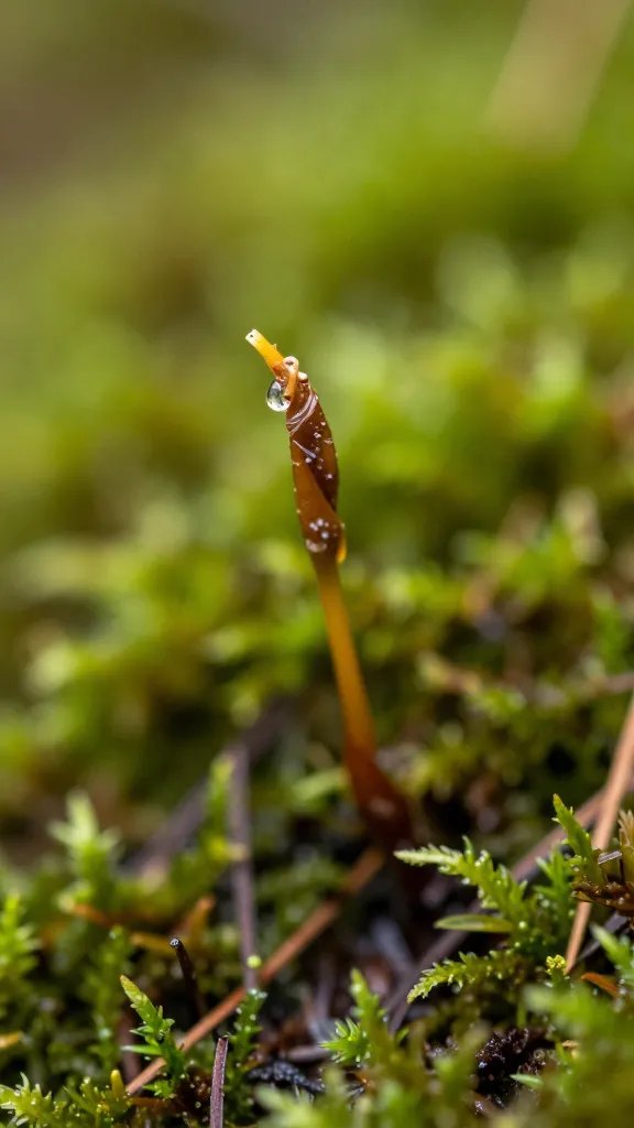 closeup of desiccated live moss tip rehydrating