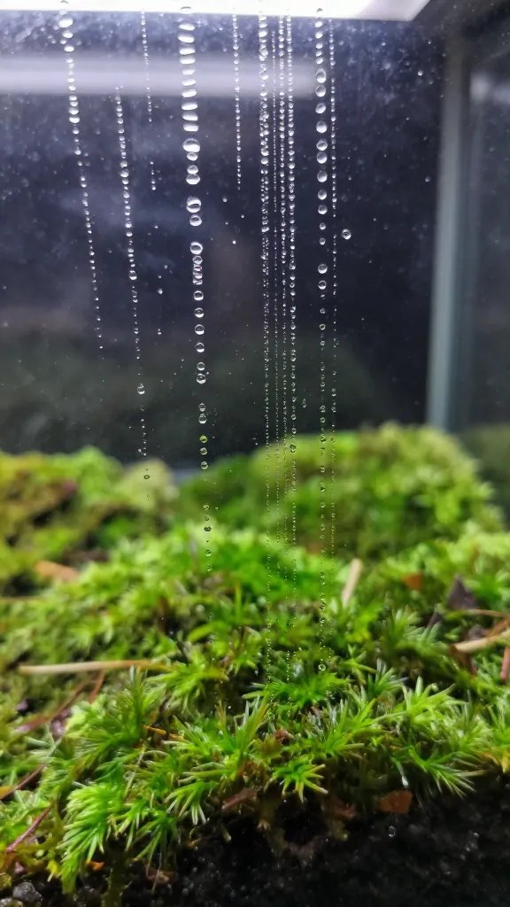 condensation bead on terrarium glass over live moss