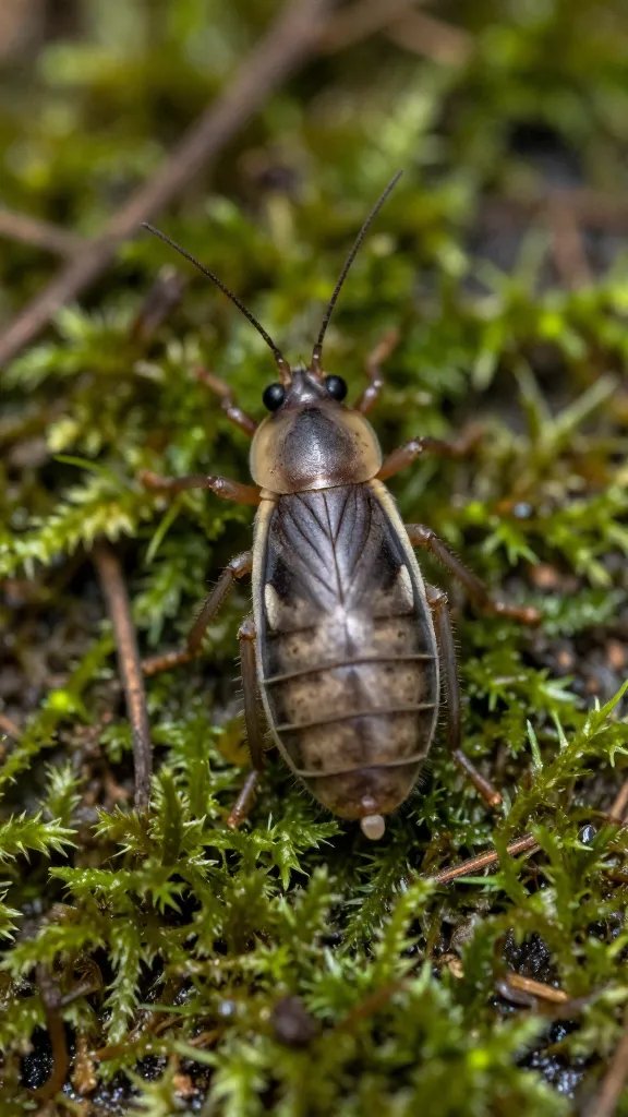 macro shot of a single springtail on moist moss