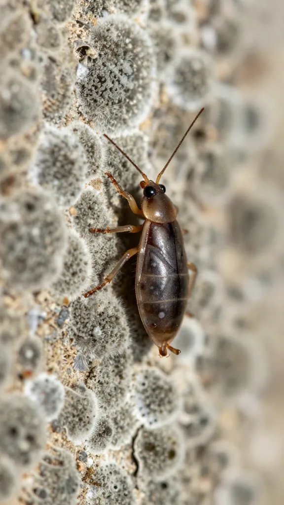 closeup of mold patch being grazed by one springtail