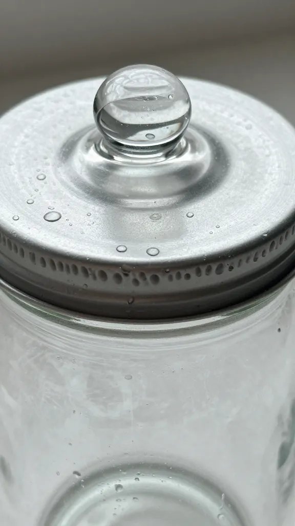 single terrarium jar lid with condensation beads, close focus