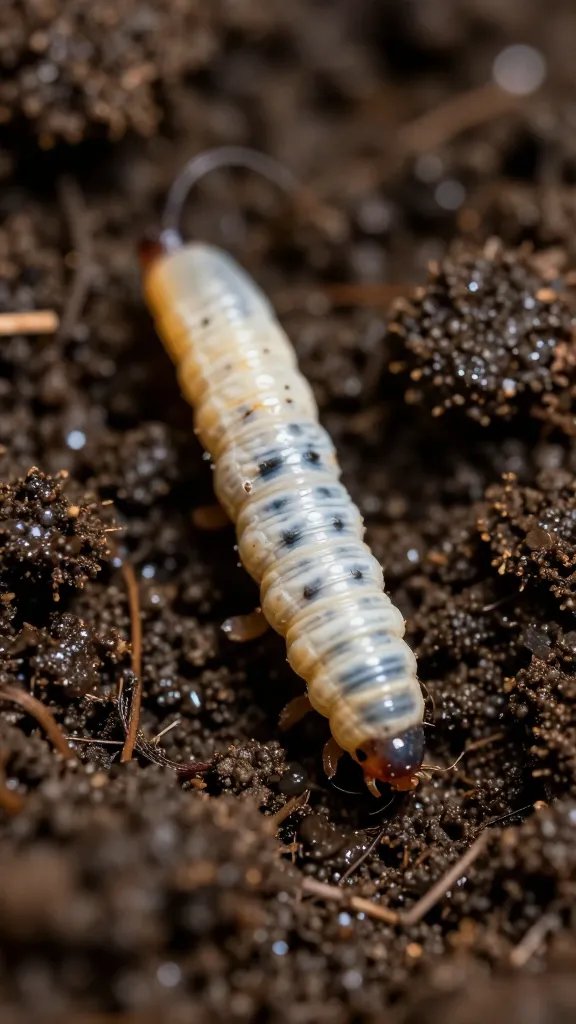 closeup of a fungus gnat larva in damp soil