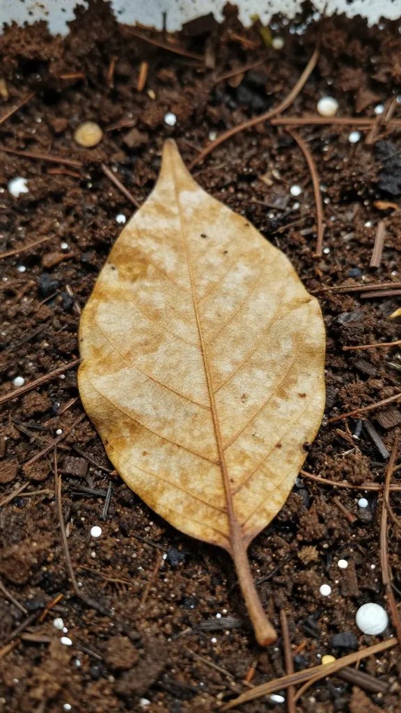single piece of decaying leaf in terrarium substrate, macro