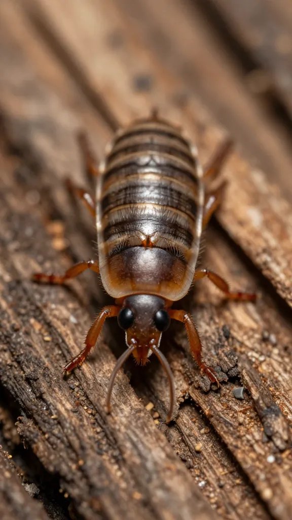 macro of one springtail on rotting wood fragment