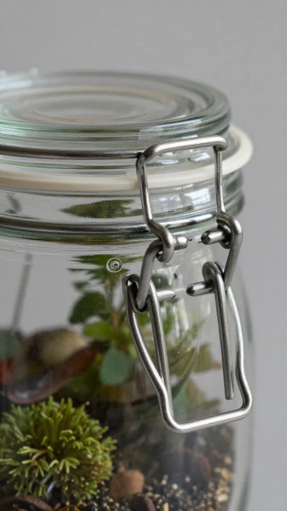 closeup of a sealed glass jar terrarium rim, stainless clasp