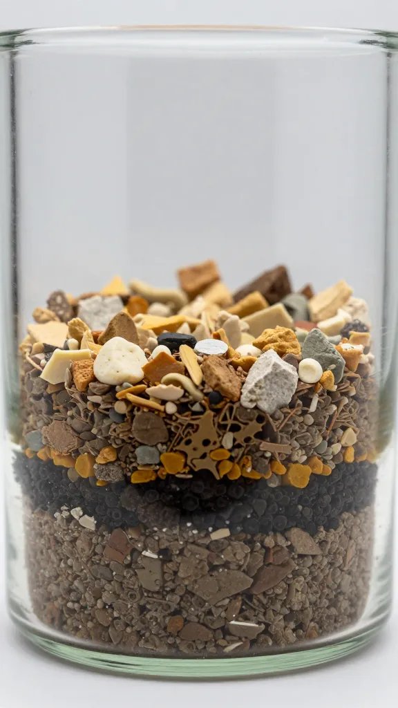 closeup of layered terrarium substrate cross-section in glass jar