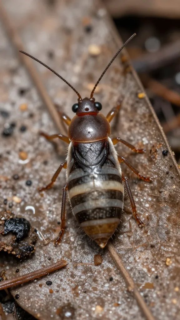 macro shot of springtail on moist leaf litter