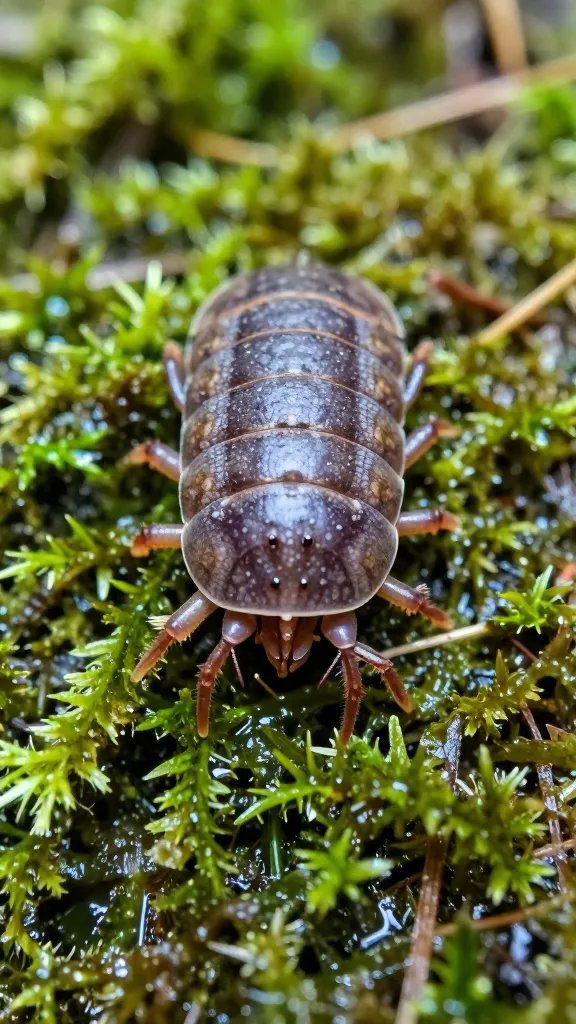 single dwarf isopod on damp sphagnum moss
