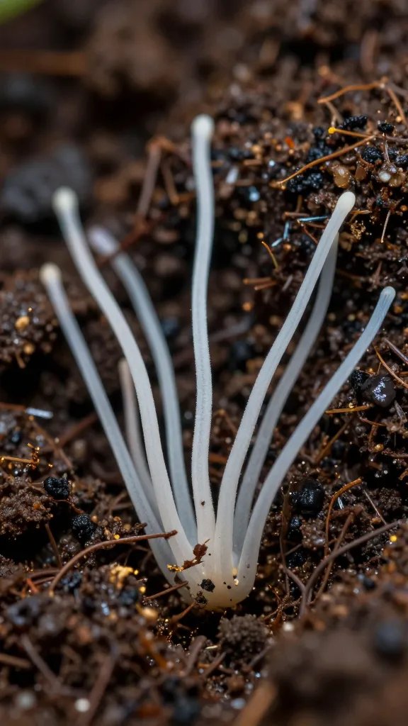 macro of fungal mycelium threads in terrarium soil