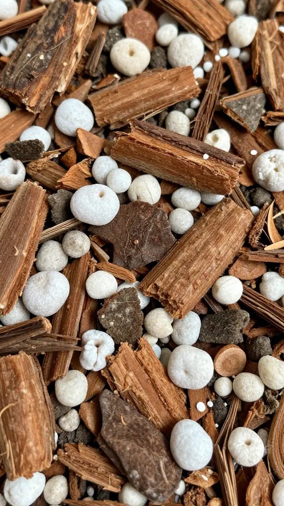 closeup of aeration mix: bark, pumice, and coco chips