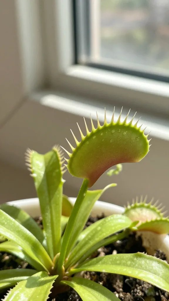 closeup Venus flytrap under south-facing window sunlight