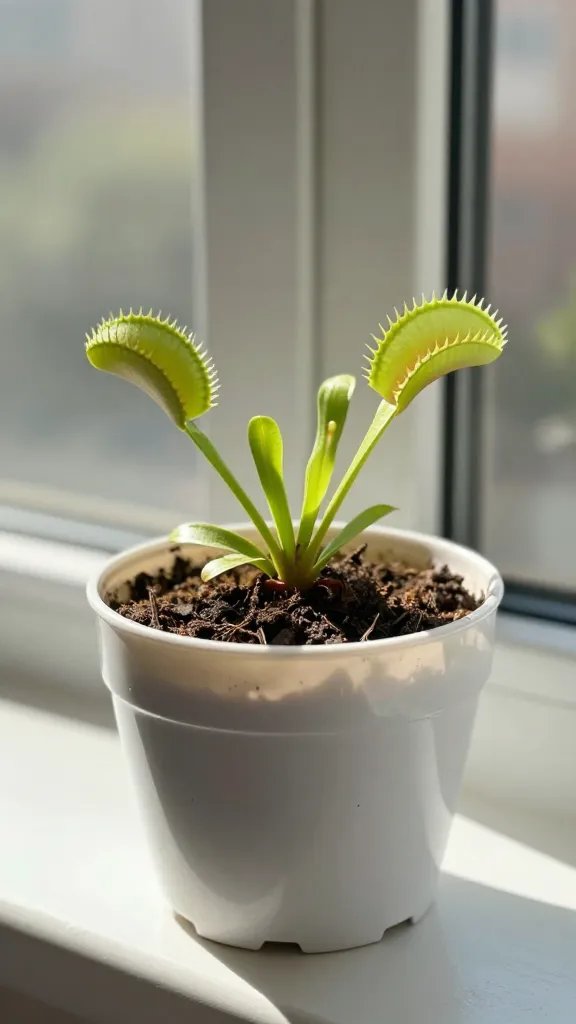 single Venus flytrap in white pot on sunny sill