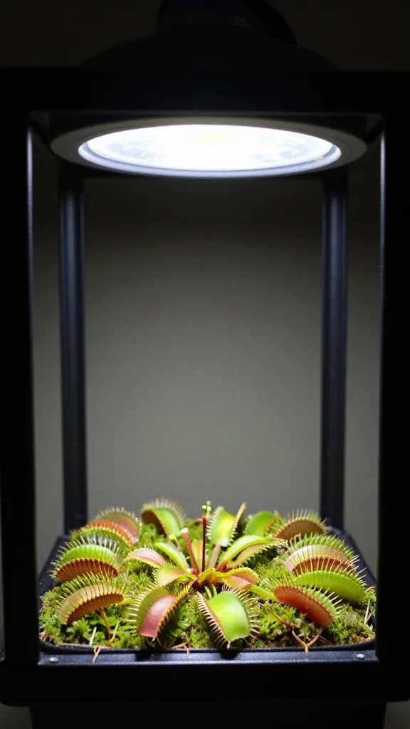 single LED grow light over Venus flytrap, tight frame